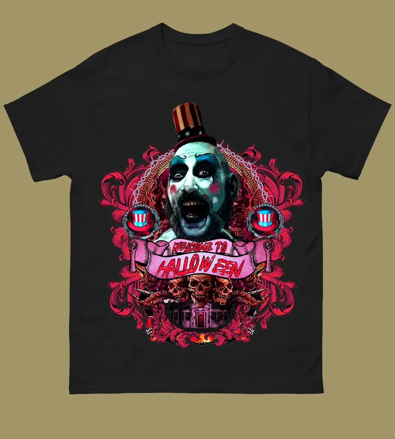 Welcome To Halloween Captain Spaulding Shirt, House Of 1000 Corpses T-Shirt, Rob Zombie Horror Graphic Tee, Spooky Season Gift, Black Slasher Apparel
