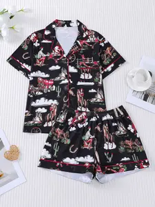 2-piece Western Cowboy Bonfire Party Halloween Long sleeved Pants Soft and Comfortable Top Small Pocket Elastic Storage Shaking Head Suitable for Home Furnishings in All Seasons Loungewear