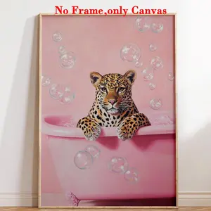 1 Pc, Wall Art, Bathroom Posters, Leopard Print Design, Leopard Animal Print Minimalist Painting in The Bathtub, Dopamine Bathroom Wall Stickers, Pink Preppy Posters, Girly Decor, Fun Bathroom Print Art, Bubbly Art, Home Decor, Unframed