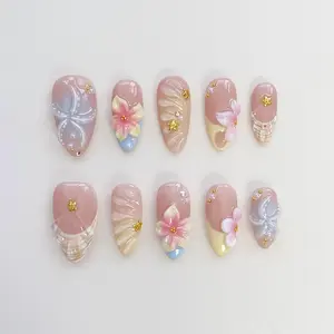 Starfish Shell Press On Nails, 3D Floral Pearl Design, Short Almond Beach Vacation Nails, Summer Coastal Nails