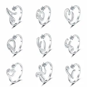 English 26 letter ring, personalized open-end ring, set with shiny zircon, suitable for both men and women