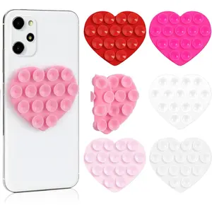 6 Pcs Heart Silicone Suction Phone Case Mount, Double Sided Grip Multi Purpose Suction Cup Phone Mount Non-Slip Phone Accessories for Selfies Videos Mobile Devices Mirror Glass (Pink Series)