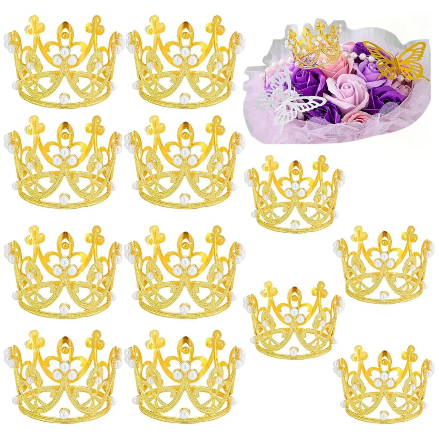 12PCS Crown Cake Topper for Flower Bouquets, Pearl Tiara Princess Gold Crown for Wedding Birthday Party Decor
