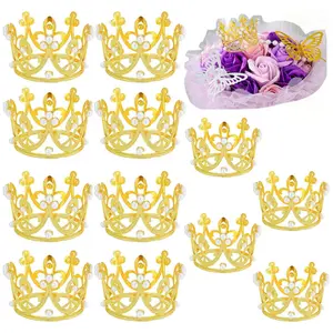 12PCS Crown Cake Topper for Flower Bouquets, Pearl Tiara Princess Gold Crown for Wedding Birthday Party Decor