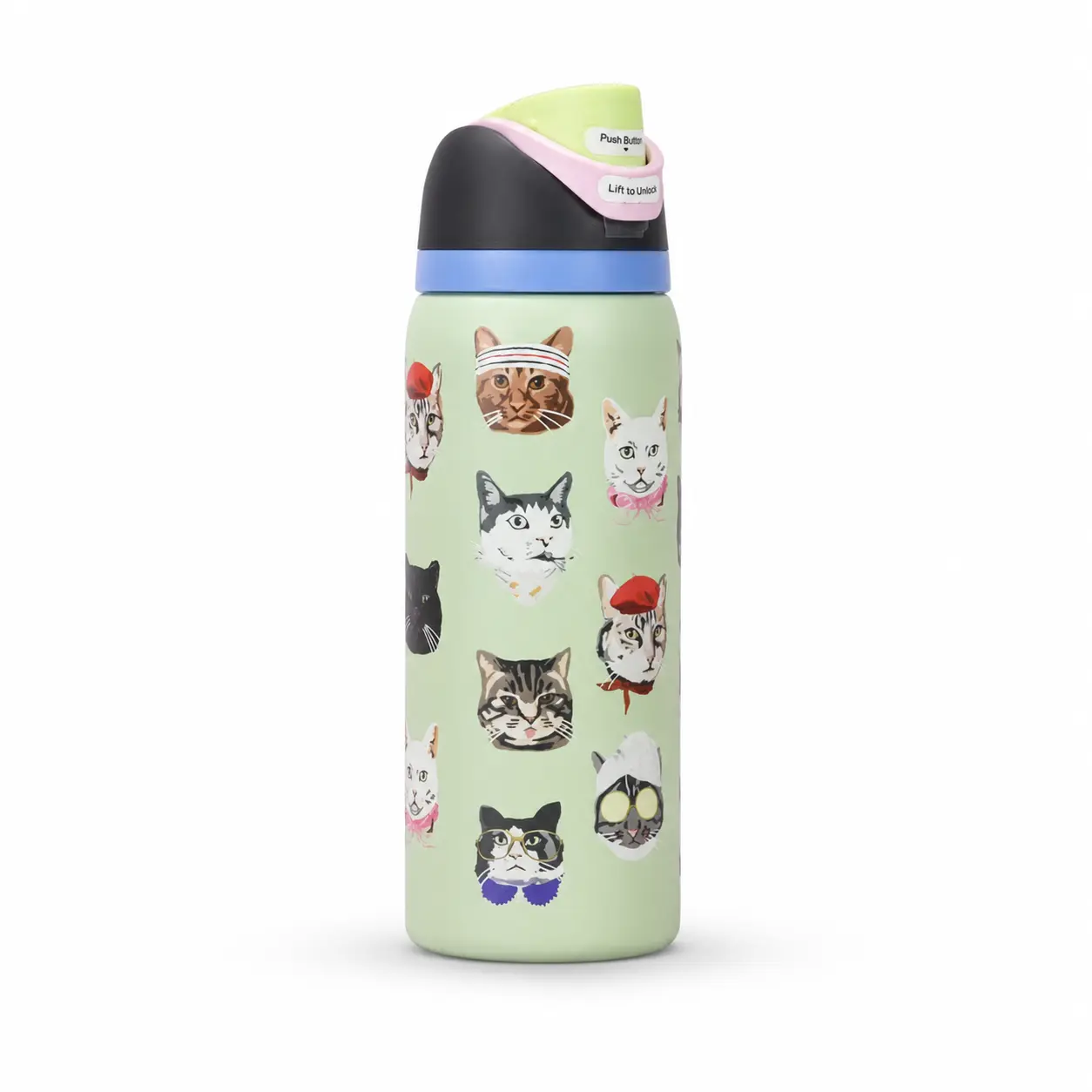 Owala FreeSip 32oz Stylish Cute Green Cat Print Water Bottle - Portable Reusable Vacuum-Insulated Stainless Steel Leak-Proof Straw Lid Cup for Cat Lovers, School, Travel