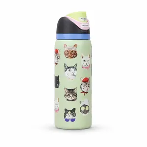Owala FreeSip 32oz Cute Green Cat Print Water Bottle, Vacuum Insulated Stainless Steel Leak-Proof Straw Lid Cup for Cat Lovers, School, Gym, Travel & Cold Drinks