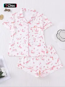 Women's Spring Summer Sleepwear Set, Whale Print, Casual Fitted Shirt & Elastic Shorts, Comfortable Home Wear, Party Sleepwear, Pajama