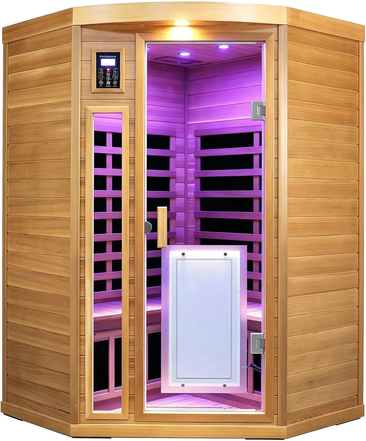 2-3 Person Corner Far Infrared Sauna for Home, 1760W Ultra-Low EMF（0-1mG） Indoor Red Cedar Wood Sauna Room with 8 Heating Panels, Dual Control Panel, Bluetooth Speaker & Chromotherapy Lights
