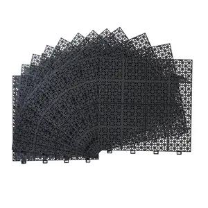 Black Interlocking Deck Tiles Plastic Waterproof Outdoor All Weather Anti-slip Bathroom Shower Balcony Porch Strong Weight, Rosette Pattern 12Pack