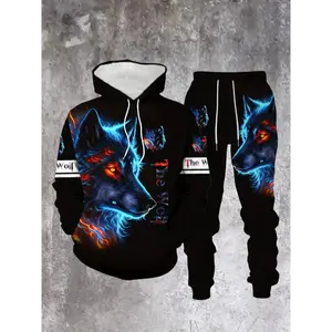 Comfortable Wolf Print Hoodie & Sweatpants Set - Stylish Casual Wear for Spring/Fall - Men's