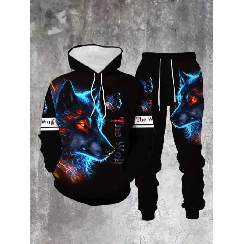 Comfortable Wolf Print Hoodie & Sweatpants Set - Stylish Casual Wear for Spring/Fall - Men's