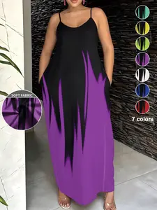 Plus Size Women's Colorblock Strappy Long Dress, Chic Casual Loose Fit with Pockets, Ideal for Daily Wear, Vacation, Home
