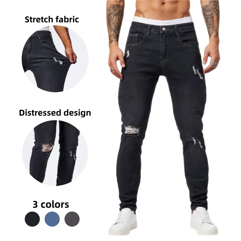 Men’s Ripped Skinny Jeans, Stretch Distressed Slim Fit Denim Pants with Tapered Leg and 5-Pocket Design for Casual Streetwear Hoodie Menswear