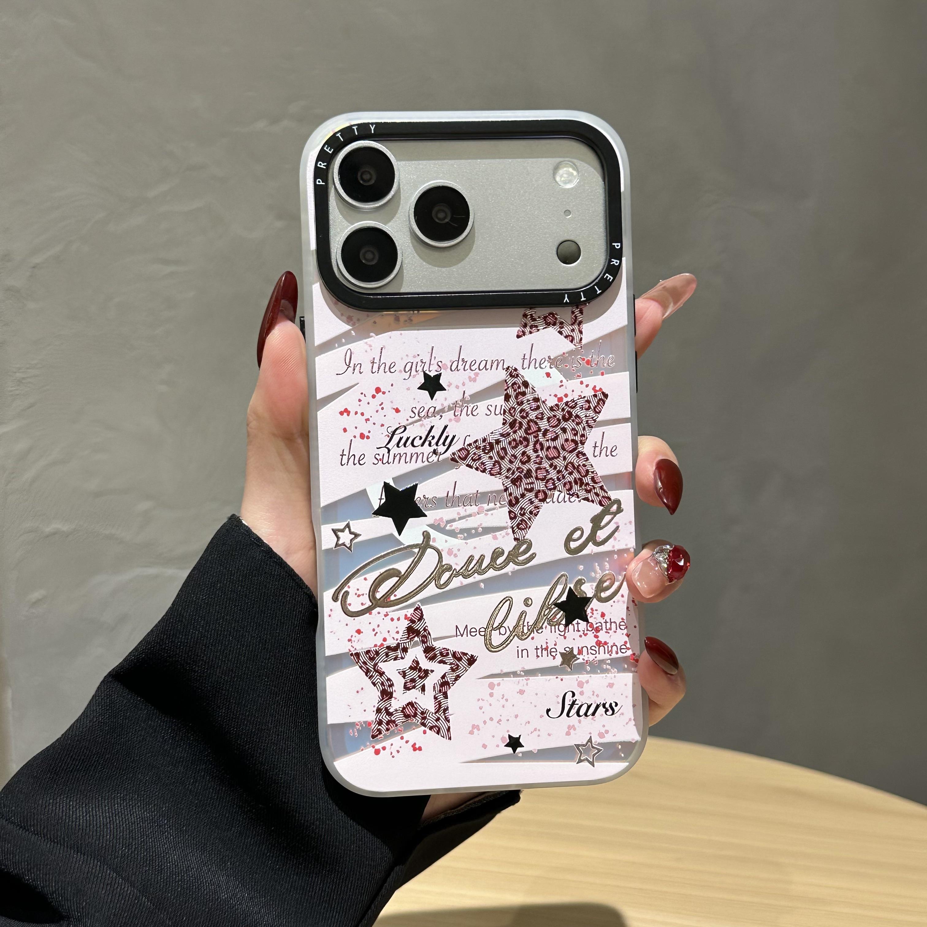 Leopard print star fashion pattern phone case for iPhone 17 Pro Max, 16 Pro, 15, 14, 13, 12, and 17 Air.  Features 3D embossed pattern, full protection, and anti-drop design. A perfect holiday gift for women.