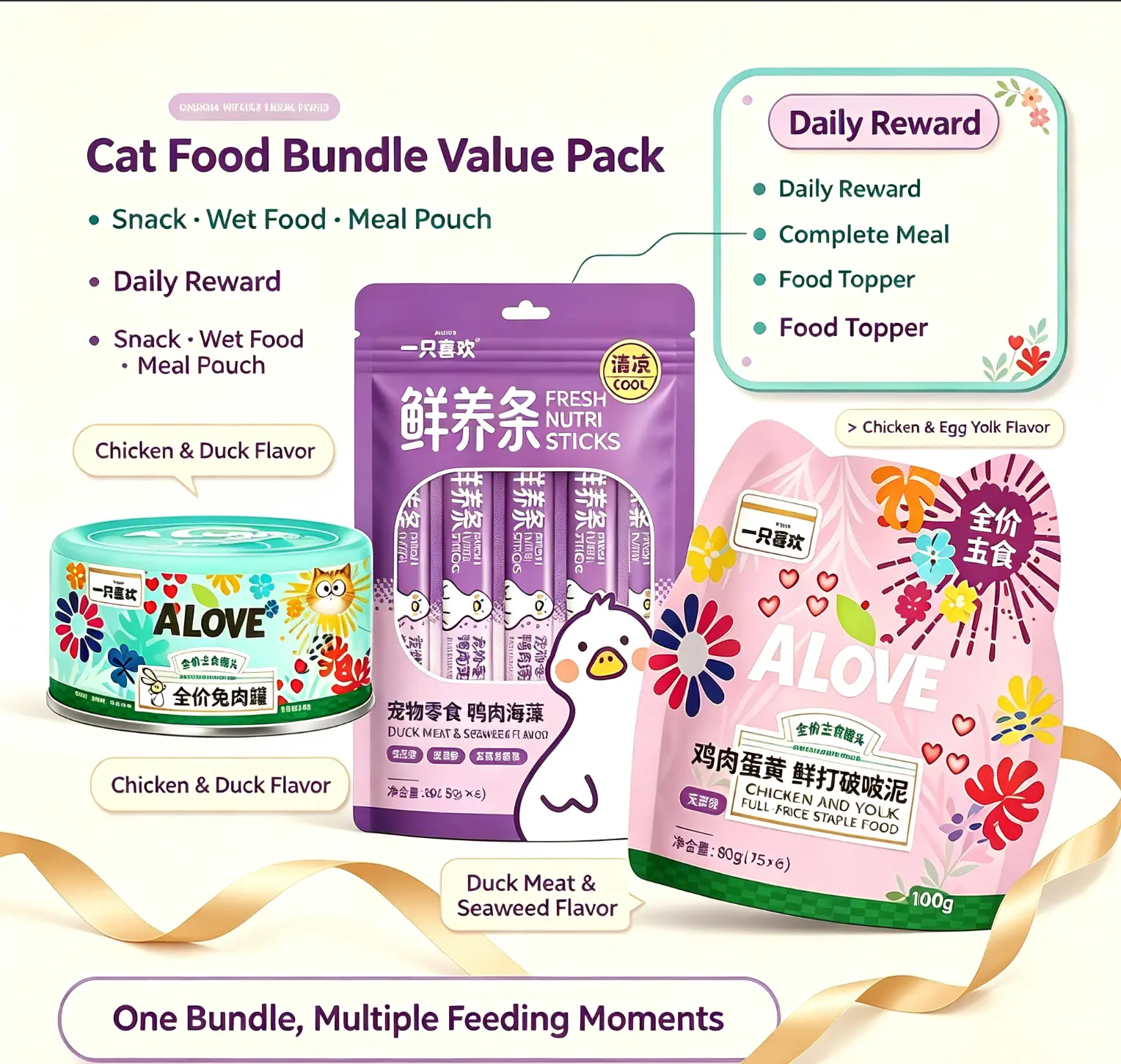 Alove Cat Food Bundle, Complete Staple Food Can 85g + Fresh Nutri Sticks 90g + Full-Price Meal Pouch 100g, Grain Free Gelatin Free No Artificial Attractants, Variety Wet Food & Snack Value Pack for Cats