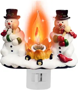 Christmas Snowman Bonfire Night Light Cute Rotating Plug-in Resin Statue Lamp with Flickering Bulb for Holiday Decoration and Indoor Use