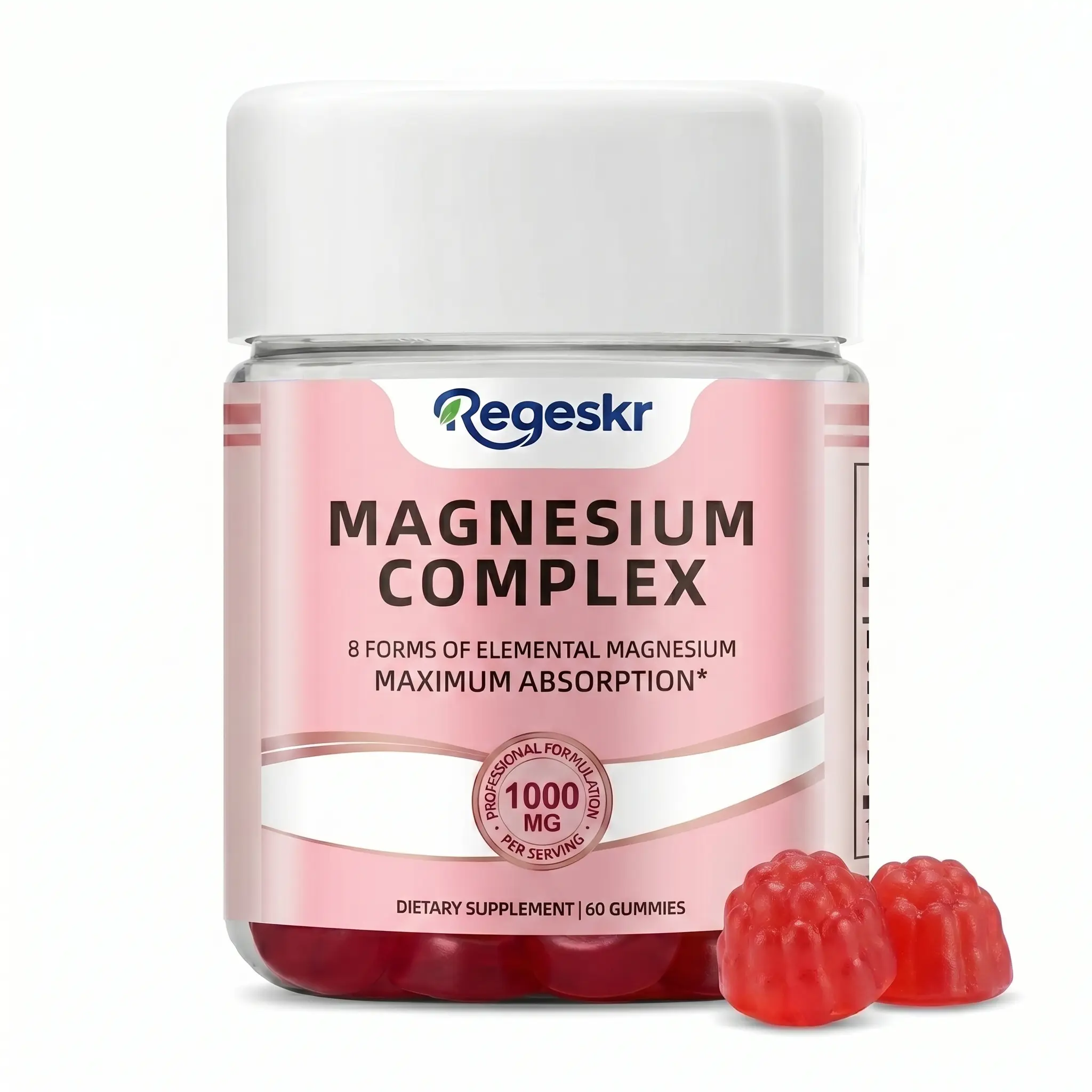 Magnesium Complex Gummies 1000mg by Regeskr, 8-in-1 Elemental Magnesium Supplement for High Absorption, Delicious Raspberry Chewable Vitamin Gummies, 60 Count