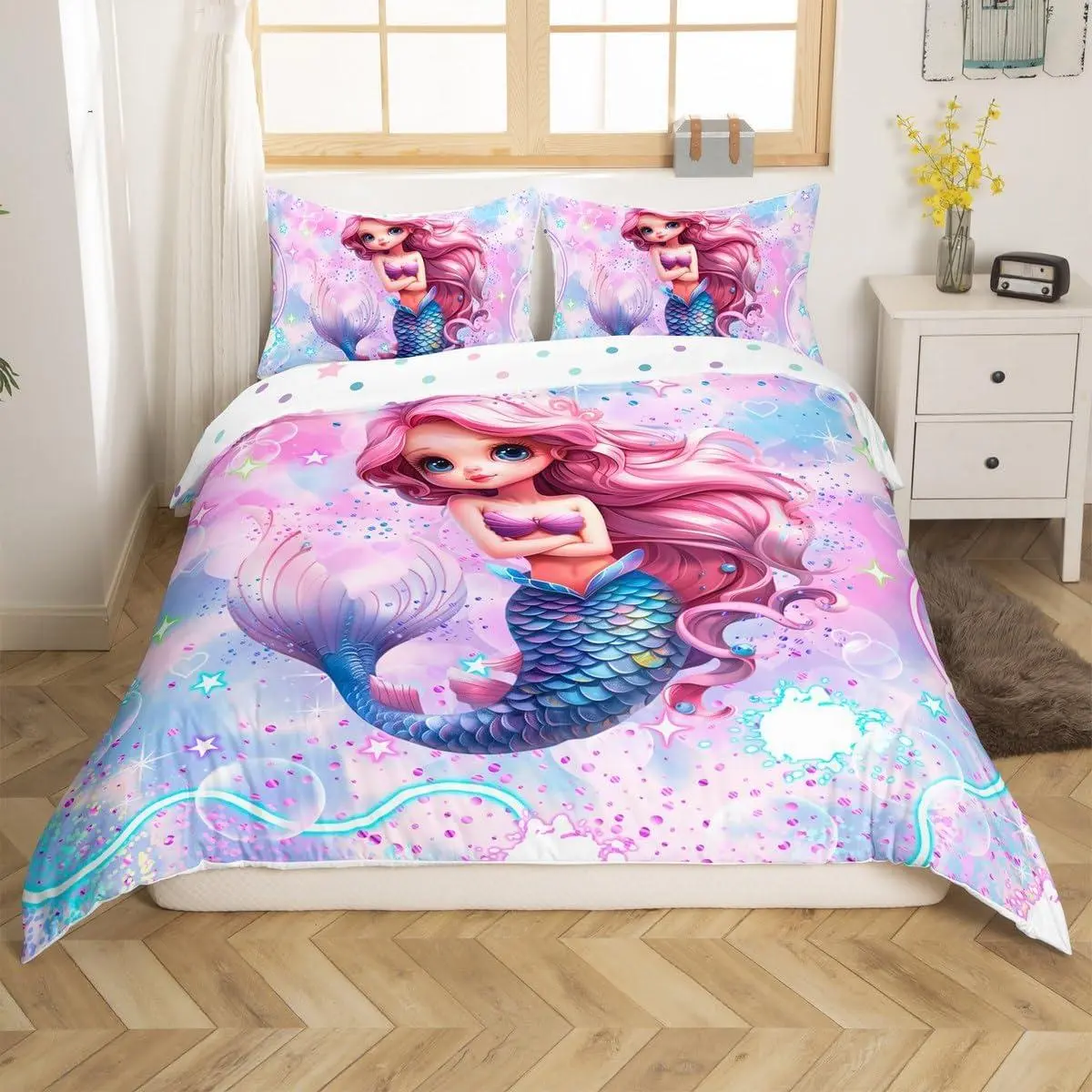 Mermaid Reversible Duvet Cover,Colorful Stars Sky Comforter Cover,Fish Scales Decorative Bedding Cute Animals Quilt Cover Rainbow Glitter Bedding Sets Kawaii Bedspreads Cover for