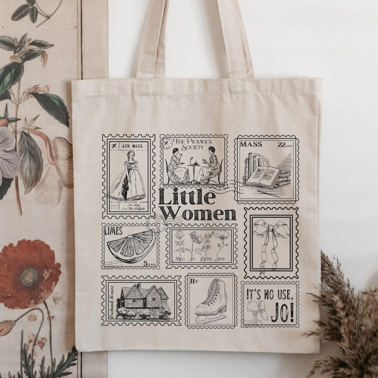 Little Women Literary Stamp Collection Tote Bag, Cottagecore March Sisters Meg Jo Beth Amy Tote Bag,