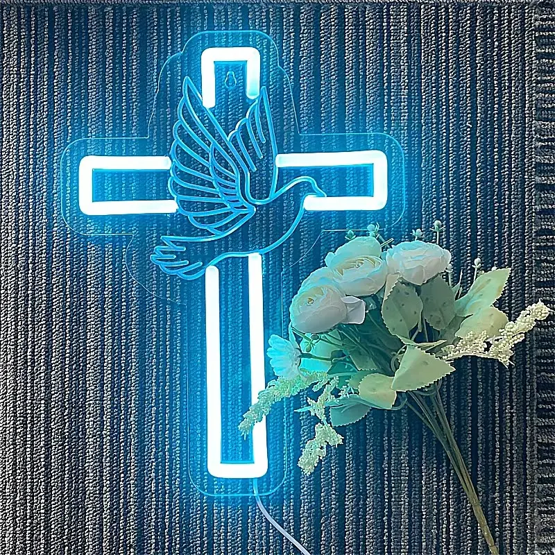 1pc Cross (Peace Pigeon) Neon Sign Light, Ice Blue, Without Inner Electricity, USB Powered With Button Switch, For Cross Wall Stickers, Home Decor, Night Light, Lighting, Led Neon Lights