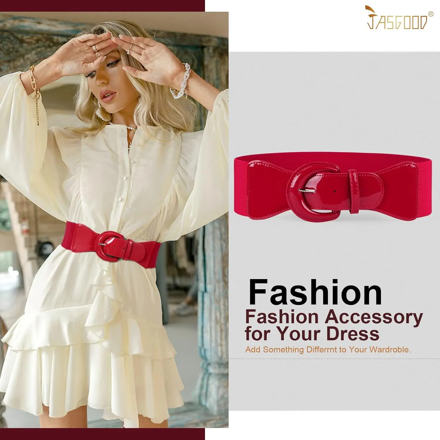 Women\'s Elastic Wide Belt Vintage Studded Stretchy Waist Belt Dress Pants Red Women Wide Stretch Belt,Vintage Chunky Buckle Elastic Waist  main image 2