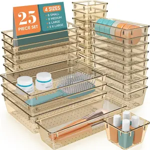 25 PCS Plastic Drawer Organizer Set, 4 Sizes Desk Drawer Divider Organizers and Storage Bins for Makeup, Jewelry, Gadgets for Kitchen, Bedroom, Bathroom, Office, Clear Champagne