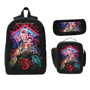 Stranger Things Season 3 Themed Three-Piece Set Backpack Pencil Case Lunch Bag Starcourt Neon Pattern Ideal for Fans