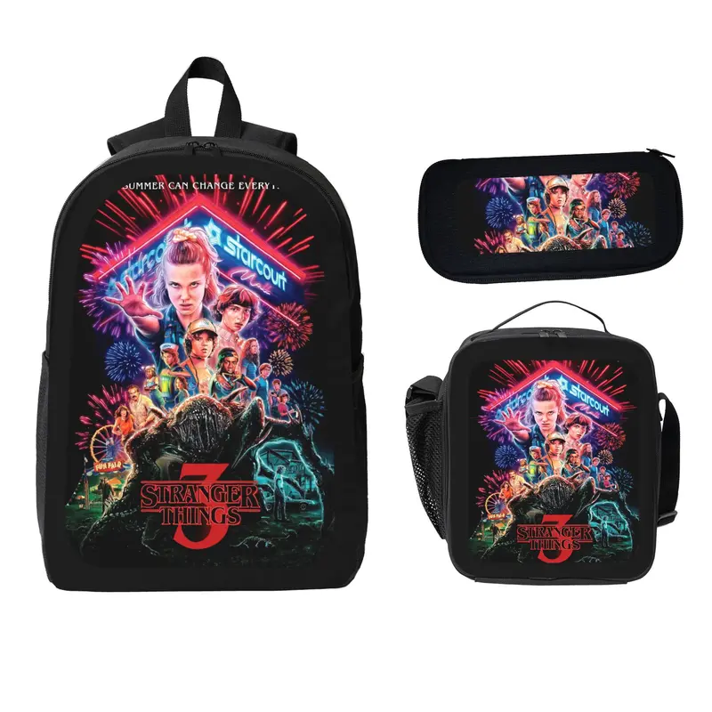 Stranger Things Season 3 Themed Three-Piece Set Backpack Pencil Case Lunch Bag Starcourt Neon Pattern Ideal for Fans
