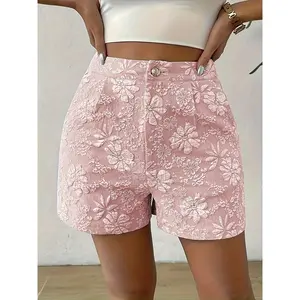 Women'S Elegant Floral Jacquard Casual Shorts with Pockets - Light Green, Summer Style, Polyester Fabric, Casual Attire | Floral Print Shorts | Polyester Fabric
