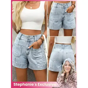 Women's denim shorts with pockets, slim fit wide waistband, summer casual wear, comfortable and fashionable, perfect daily choiceRAIMENTRY