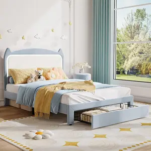 GAOMON Full Size Bed Frame with Cat Headboard, Full Platform Bed Frame with GRB LED Lights, Storage Drawer & Strong Wood Slats Support, Noise Free, No Box Spring Needed, Easy Assembly,blue