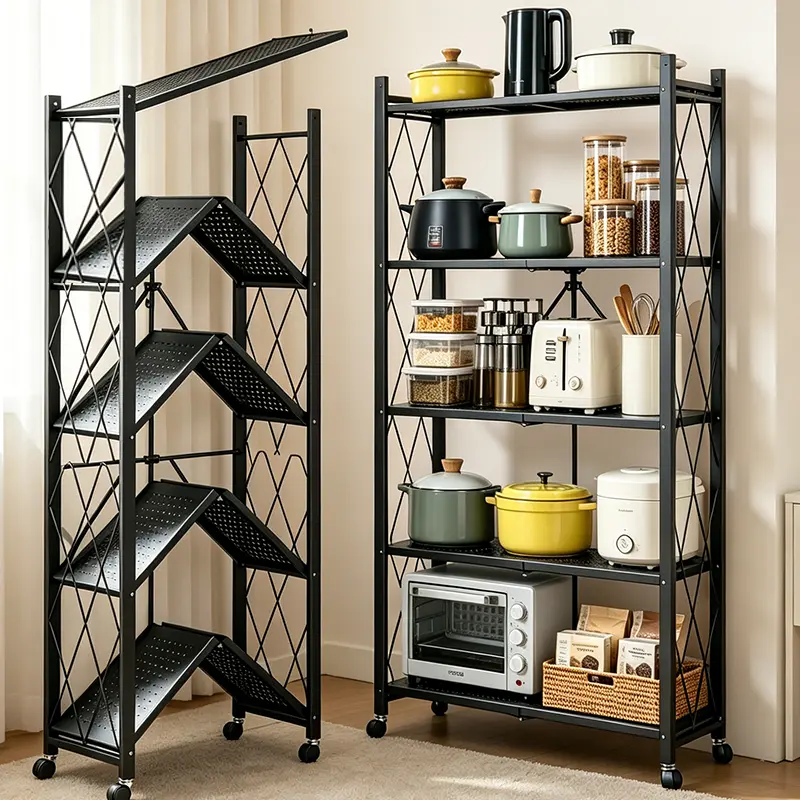 Foldable Multi-Use Metal Storage Rack with Wheels , Lightweight & Waterproof,Space-Saving, Durable, Versatile for Kitchen & Pantry Use, Modern Shoe Organizer,360-Degree Mobility, No Assembly - Room 5 tier cart reinforced checkout stand shelving