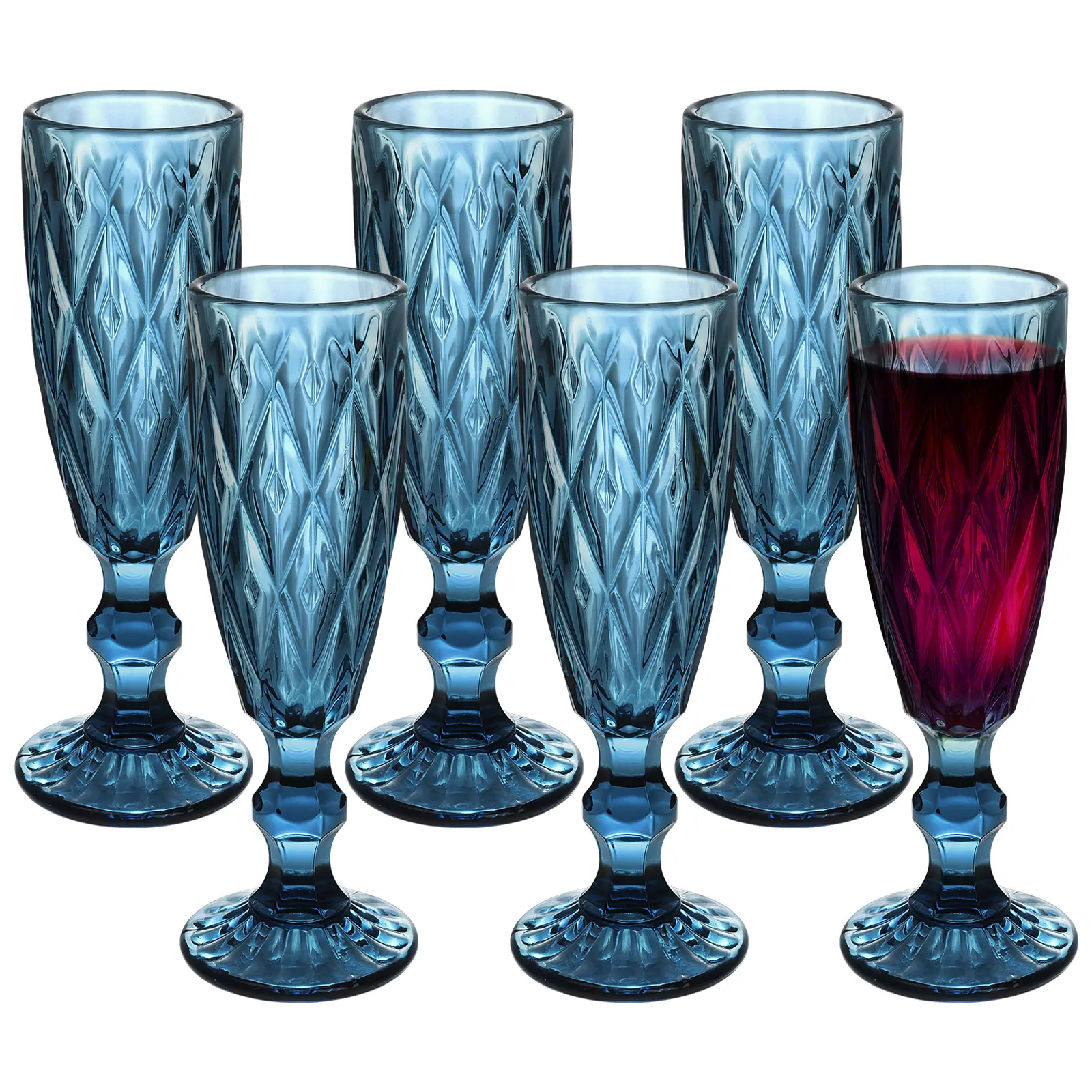 Vintage Glass Champagne Flutes Set of 6, 5 Ounces Embossed Wine Glasses Blue Sparkling Wine Water Goblets for Christmas, New Year, Party, Anniversaries, Bar, Champagne, Cava, Prosecco