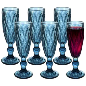 Vintage Glass Champagne Flutes Set of 6, 5 Ounces Embossed Wine Glasses Blue Sparkling Wine Water Goblets for Christmas, New Year, Party, Anniversaries, Bar, Champagne, Cava, Prosecco