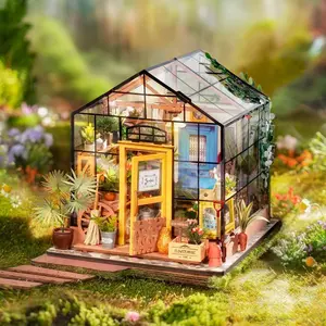 Rolife Cathy’s Flower House DG104 DIY Miniature Kit Charming Greenhouse Dollhouse with Plants Flowers Tools & Furniture Relaxing Craft Gift for Adults & Kids Eco-friendly Durable Wood 1:24 Scale LED Light