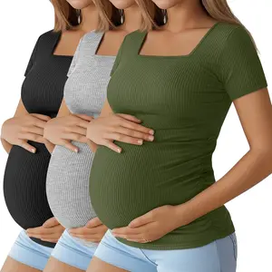3 Pack Women's Maternity Shirt Ribbed Cotton Short Sleeve Maternity Top Square Neck Side Ruched Summer Pregnancy Tees