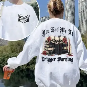 You Had Me At Trigger Warning Hoodie - Sweatshirt - TShirt, Gothic Skull & Books Sweatshirt, Halloween Dark Academia Shirt, Spicy Bookish Apparel,  Perfect Gift for Readers, Book Lovers