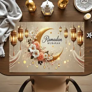 2D flat printing, 2-piece/4-piece/6-piece/8-piece set of Ramadan placemats, exquisite celebration patterns, soft background with gold accents, printed with the blessing of "Ramadan Mubarak", is an ideal choice for dining table decoration