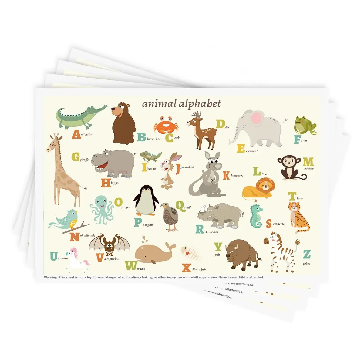 Disposable Plastic Stick-on Placemats, 40-Pack 12in x 18in Animal Alphabet Theme Tableware for Toddlers, Lightweight Water-Proof Sticky Table Mats