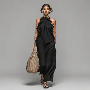 Women's Minimalist Linen-blend Sleeveless Maxi Dress With Ruffle Details