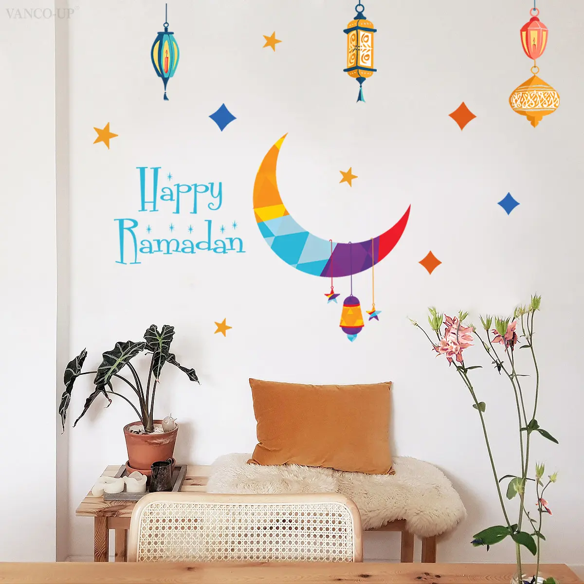 2D flat, one piece (30*60cm) Ramadan moon, lantern and star colorful wall stickers, living room and entrance home holiday decoration and beautification stickers, self-adhesive M20763-KR