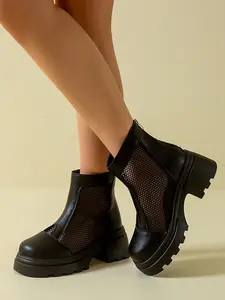 2026 New Arrival Breathable Mesh Platform Boots, Women's Chunky Heel Back Zipper Booties for Summer