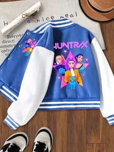 Girls Halloween Ghost Festival Short Baseball Jacket, Drop Shoulder Jacket, Casual Sport School Uniform, Elastic Fabric, Fashion Trendy Clothing