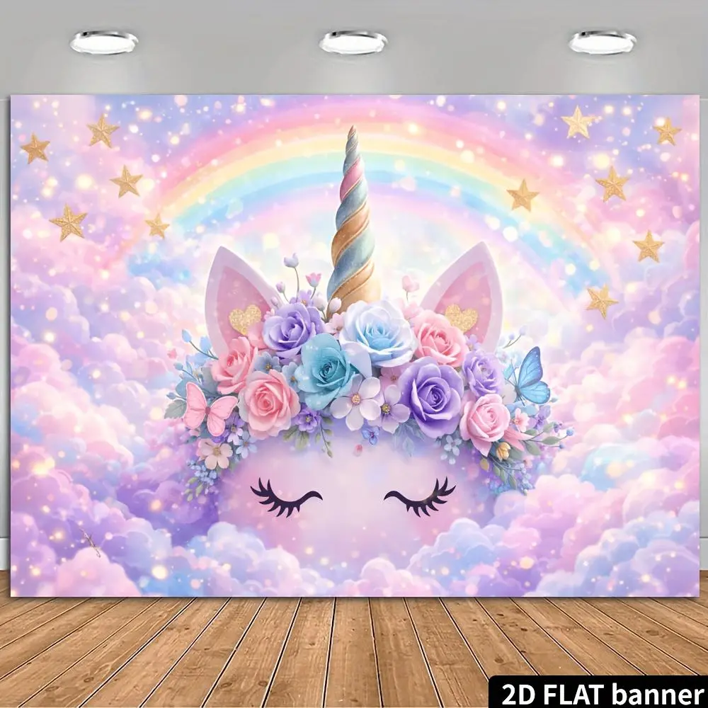 2D Flat Polyester Photography Backdrop - HD Digitally Printed, Soft, Lightweight, Foldable, Unicorn Rainbow, Floral Stars, Pastel Theme, Indoor Birthday Party Backdrop & Banner for Photo Booth, Studio Portraits, Sheet