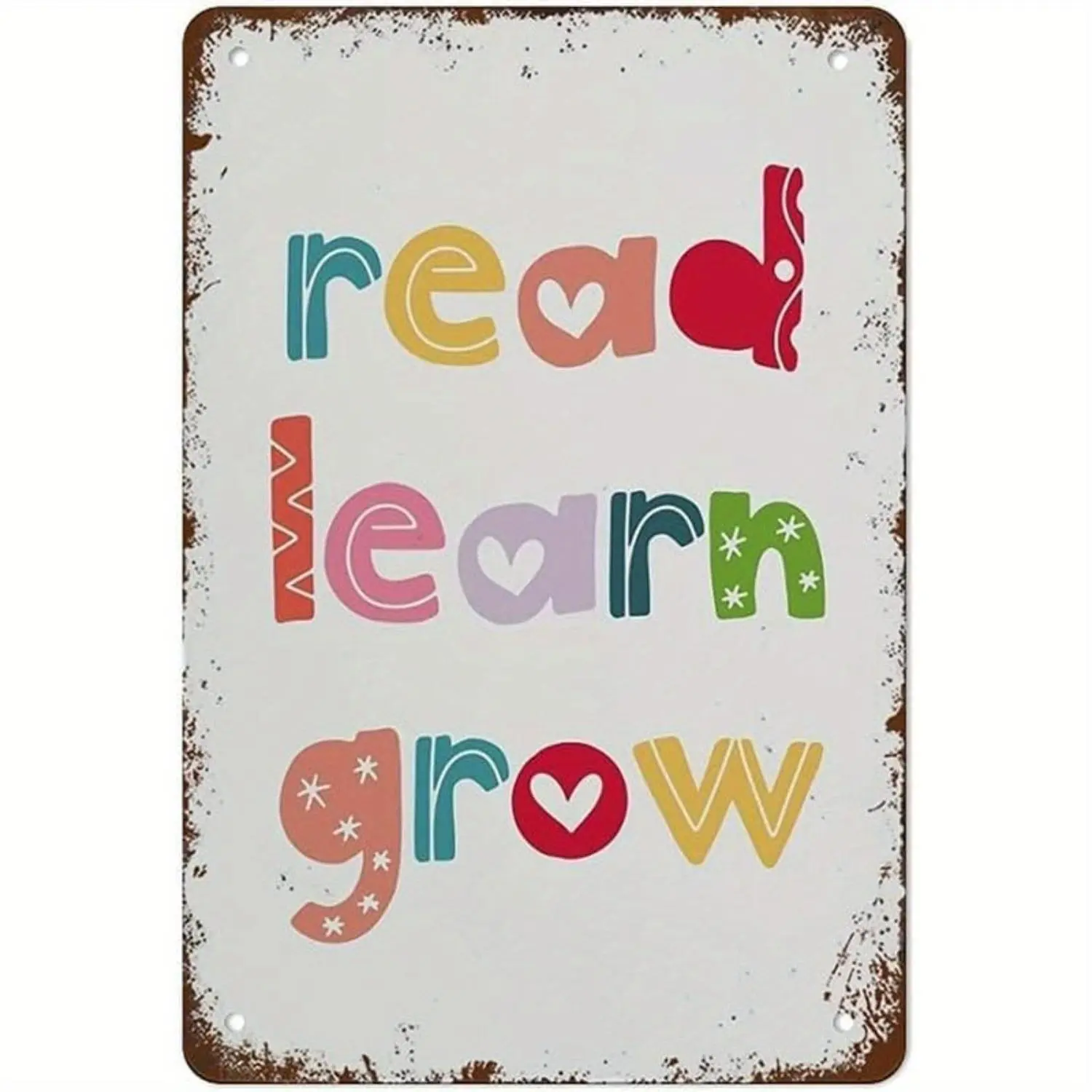 Vertical Iron Sheet Painting Read Learn Grow Reading Nook Educational Poster Children Room Playroom Wall Art Classroom Decor Vintage Funny 2D Flat
