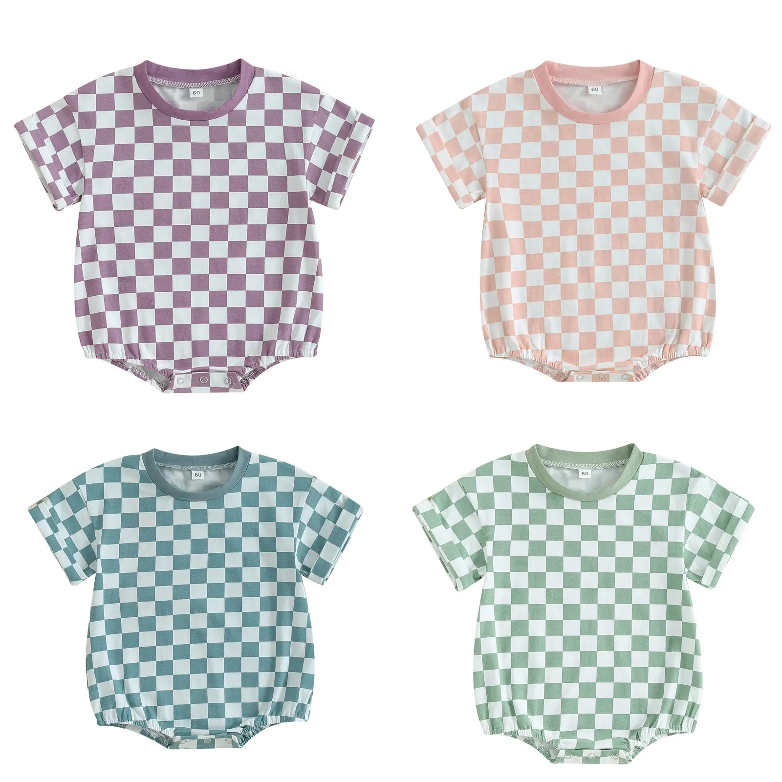Infant Baby Boy Girl Summer Clothes Checkered Bubble Romper Oversized Short Sleeve Romper Newborn Summer Outfit