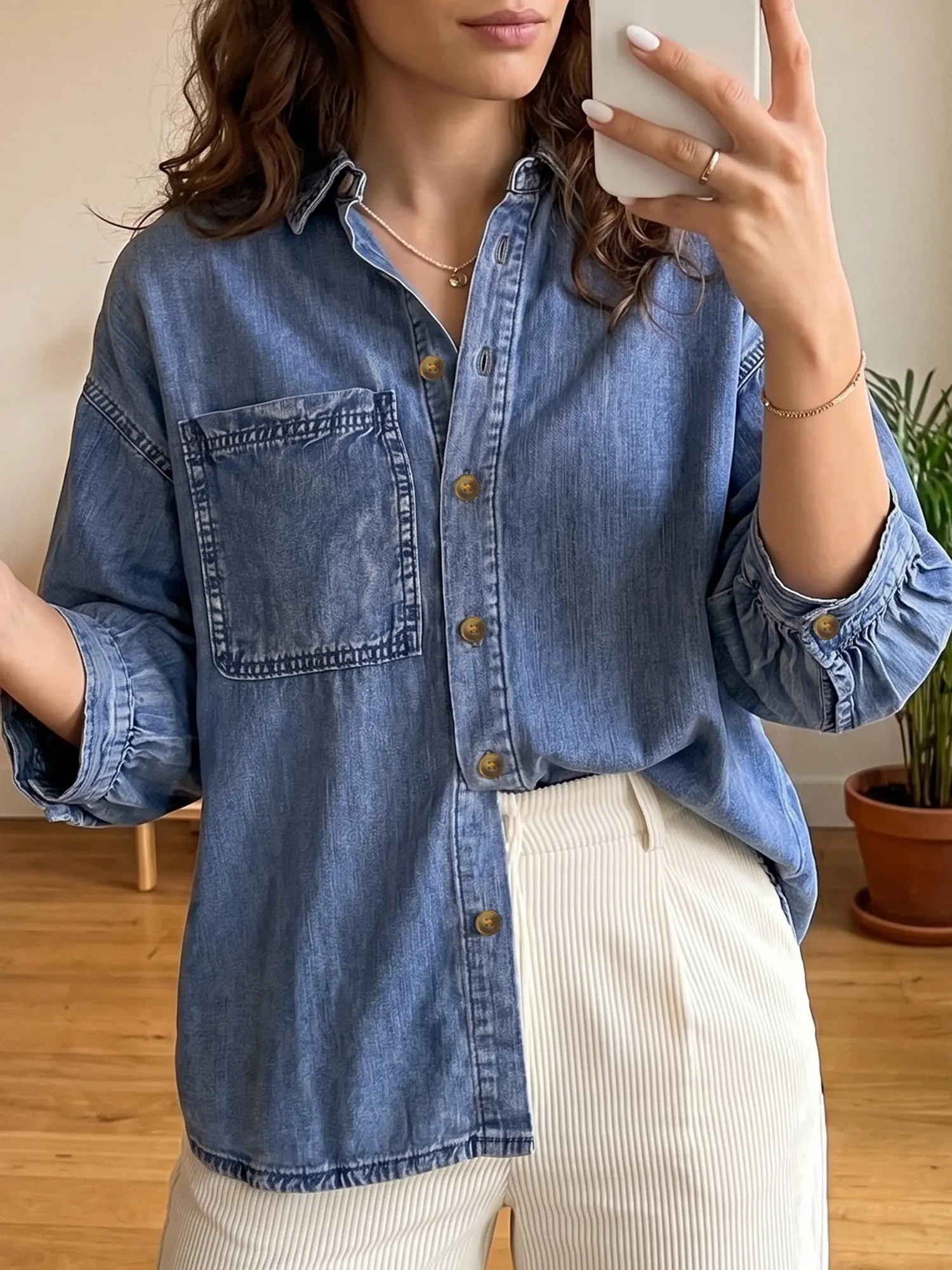 Women's Casual Denim Shirt Long Sleeve Button Down Chambray Blouse with Pocket