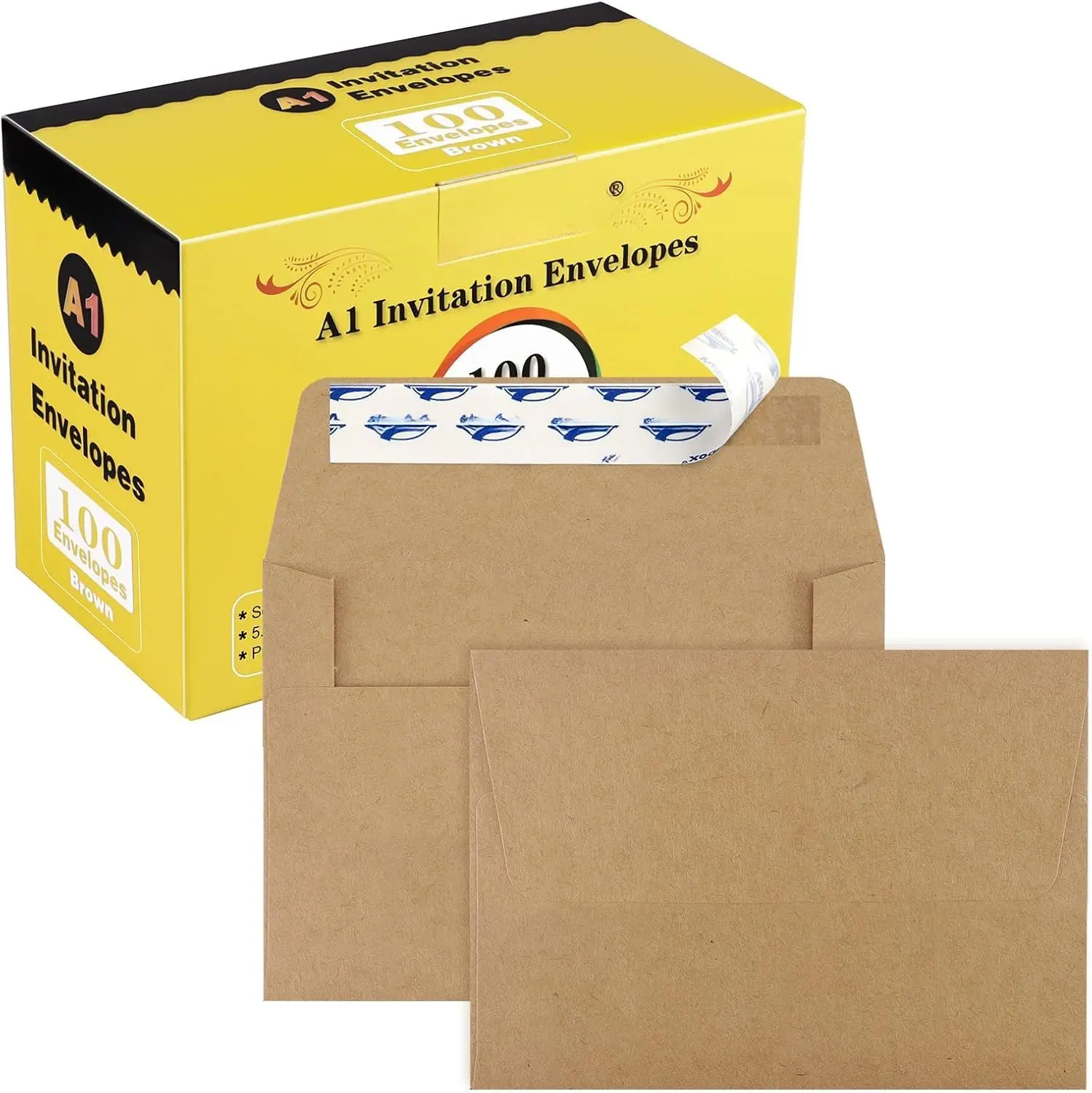 A1 Self-Seal Brown Envelopes (100 Pack, Sturdy Box) - 3.5 x 5 in, A1 (5.125 x 3.625 in) for Invitations, Weddings, Showers, Thank You Notes, RSVP - Office Stationery Supplies