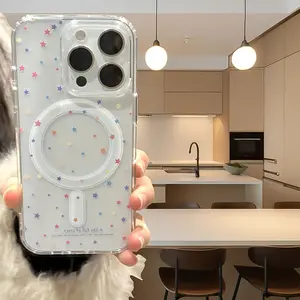 Magnetic Transparent Acrylic Phone Case, Smartphone Shockproof Tpu Cover, Protective Accessories for iPhone 15 Series & More, Colorful Star Design, Durable Protection