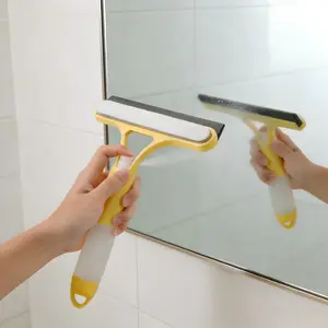 3-in-1 Spray Glass Cleaner Squeegee with Handle - Silicone Squeegee, Streak-Free Lint-Free Window Mirror Scrubber with Built-in Spray for Home Cleaning Supplies (White & Yellow)